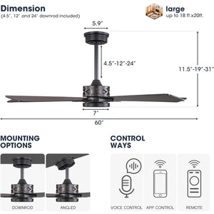 VentiLux | 60’’ Smart ABS Blades Ceiling Fan With Light