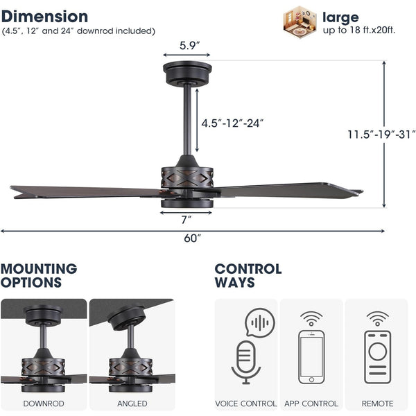 VentiLux | 60’’ Smart ABS Blades Ceiling Fan With Light