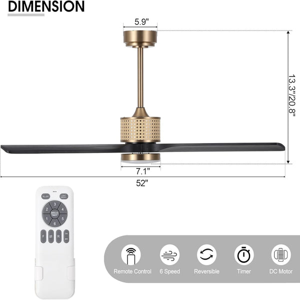 RattanLuxe | 52" Wood Blades Ceiling Fan with Light
