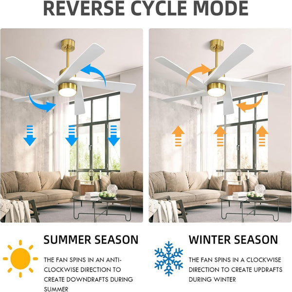 Ceiling fan with reverse cycle mode illustration in a living room setting.