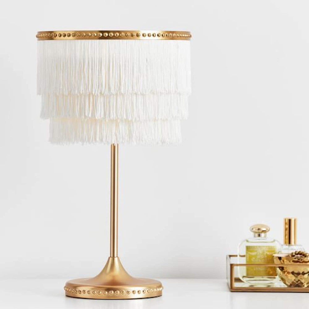 EVELOPENIN Modern Fringe Table Lamp, Elegant Fringe Shade with Gold Base, 17" Fringed Metal LED Table Lamp, Contemporary, Transitional, Glam for Bedroom, Living Room, Office, Gold, E26 Base