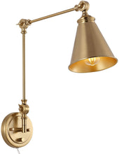 Load image into Gallery viewer, ELYMIEO Vintage Adjustable Swing Arm Wall Lamp Foldable Gold Wall Light Plug-in Cord Industrial Wall Sconce Plug in or Hardwire with On/Off Switch Wall Mounted Reading Light Fixture Bedside Lamp
