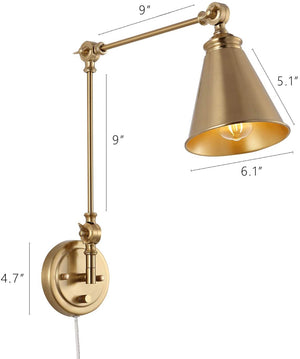 ELYMIEO Gold Swing Arm Wall Lamp Set of 2, Modern Adjustable Wall Mounted Sconce, Warm Brass Finish