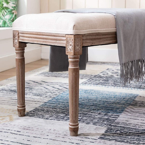 47" Rectangular Tufted Ottoman Bench Seat, Birch Frame & Carved Rubber Wood Legs & Faded Wood Finish, French Style Home Furniture for Entryway Foyer Mudroom Bedroom End of Bed
