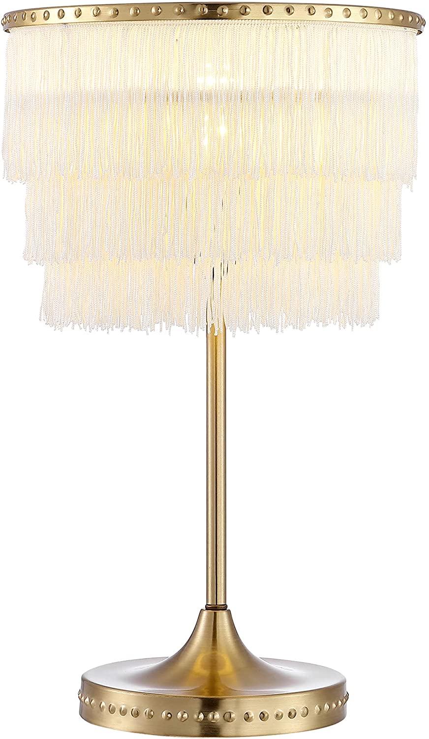 EVELOPENIN Modern Fringe Table Lamp, Elegant Fringe Shade with Gold Base, 17" Fringed Metal LED Table Lamp, Contemporary, Transitional, Glam for Bedroom, Living Room, Office, Gold, E26 Base
