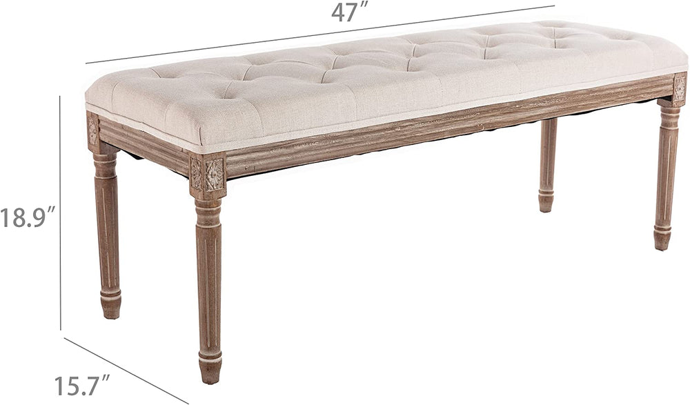 47" Rectangular Tufted Ottoman Bench Seat, Birch Frame & Carved Rubber Wood Legs & Faded Wood Finish, French Style Home Furniture for Entryway Foyer Mudroom Bedroom End of Bed