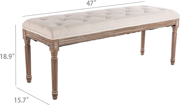 47" Rectangular Tufted Ottoman Bench Seat, Birch Frame & Carved Rubber Wood Legs & Faded Wood Finish, French Style Home Furniture for Entryway Foyer Mudroom Bedroom End of Bed