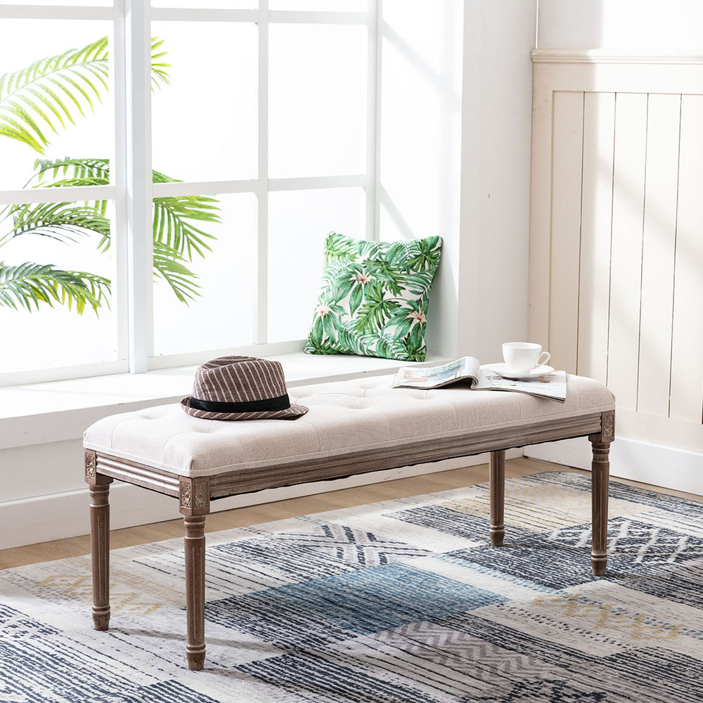 47" Rectangular Tufted Ottoman Bench Seat, Birch Frame & Carved Rubber Wood Legs & Faded Wood Finish, French Style Home Furniture for Entryway Foyer Mudroom Bedroom End of Bed