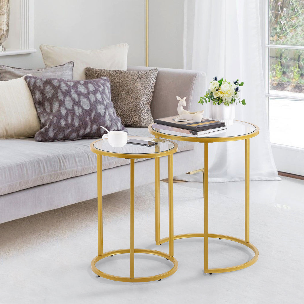 Modern Round Glass Top Nesting Side Coffee Tables Sets of 2