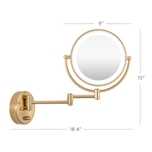 Load image into Gallery viewer, 9” LED Lighted Makeup Mirror, Hardwired Swing Arm Wall Mounted Shaving Mirror Lamp with Swivel Double Sided 1x 8X Magnification for Vanity Bathroom Bedroom (Gold)
