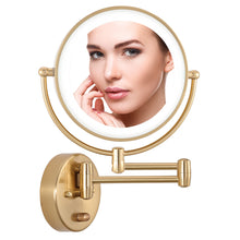 Load image into Gallery viewer, 9” LED Lighted Makeup Mirror, Hardwired Swing Arm Wall Mounted Shaving Mirror Lamp with Swivel Double Sided 1x 8X Magnification for Vanity Bathroom Bedroom (Gold)
