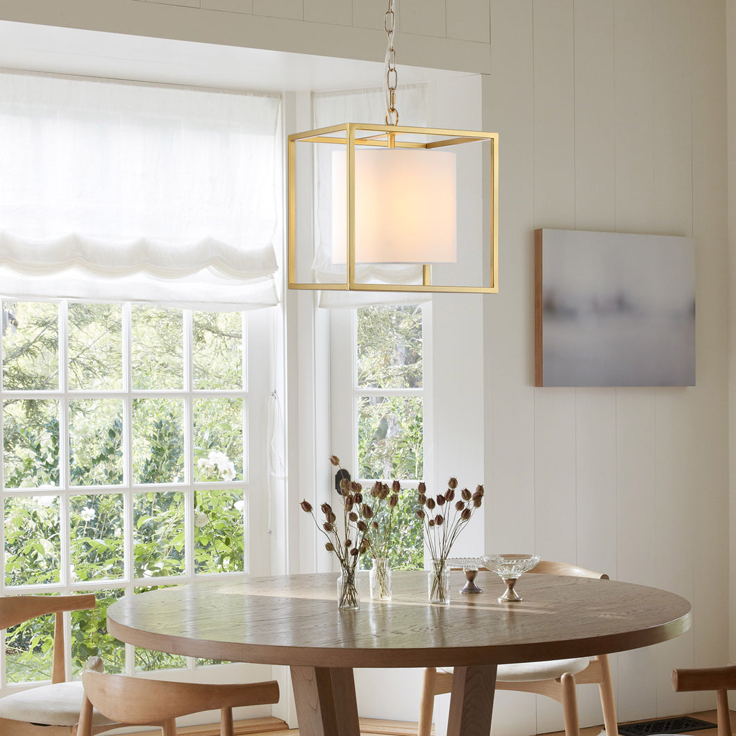 10” Lantern Pendant Light, Gold Metal Frame with White Fabric Shade, Modern Lighting for Kitchen Living Room Hallway